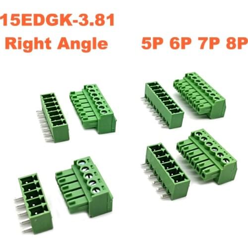 5pcs Pitch 3.81mm Screw Plug-in PCB Terminal Block 15EDGK RC 5 6 7 8 Pin Right Angle Male/Female Pluggable Connector Morsettiera