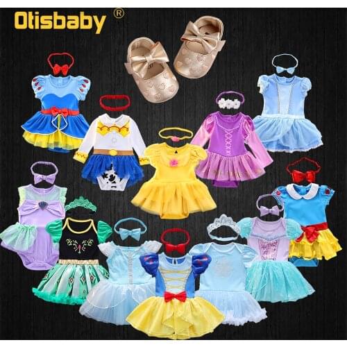 Fancy Fairy Baby Romper Elsa Ariel Belle Rapunzel Princess Costume 1 Year Birthday Tutu Dress Lace Headband Christening Baptism