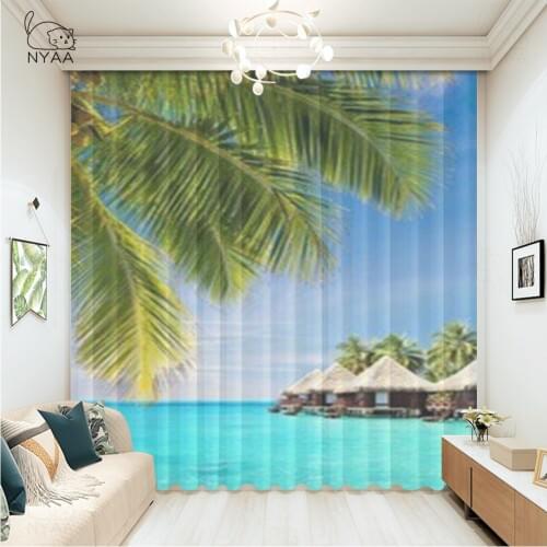 Beautiful Tropical Beach With Palm Trees Curtains Child Short Kitchen Curtain Bedroom Decor Curtain For Bathroom Micro Shading