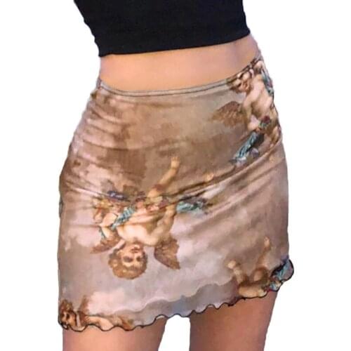 Summer Skirt Harajuku Angel Print Mesh Patchwork Double Layer Cute Skirts Womens Elastic High Waist Wild street trend hip skirt