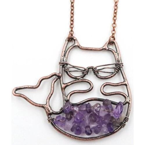 Copper Plated Wire Wrap Amethysts Stone Cute Cat Pendant Citrines Crystal Necklace for Party Gift Jewelry