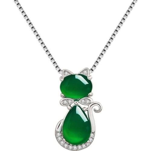 Trendy Silver Plated Lovely Cat Green Agates Pendant Link Chain Necklace wiht Rhinestone Animal Jewelry