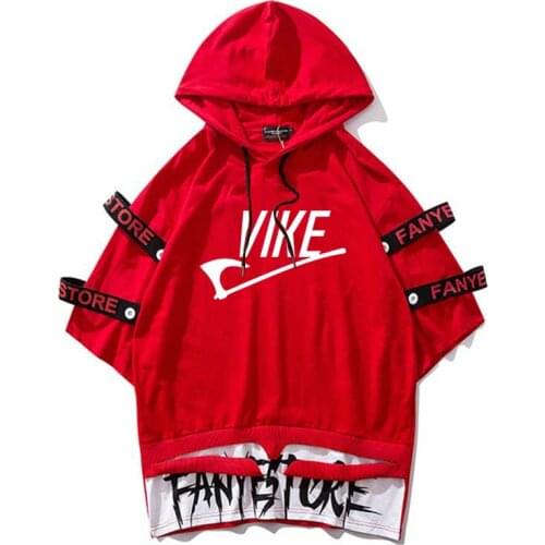 Vike Hooded tshirts Ribbon T Shirts men Short Sleeve Oversize top tees hip hop Streetwear skate man clothes homme tees wholesale