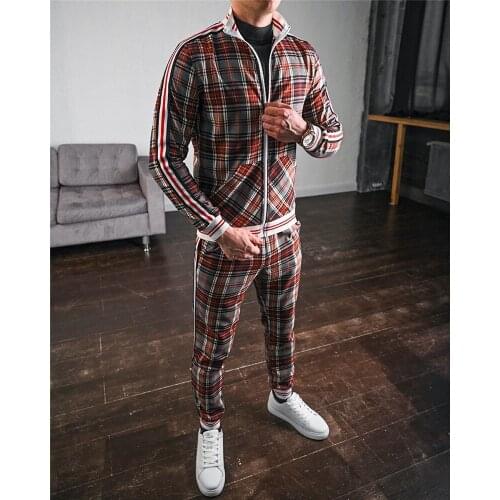 Mens Sets Fashion Jackets Men Tracksuit 2021 Autumn Colorful Plaid Men Casual Zipper Tracksuit Set Male Sweatshirt Pocket