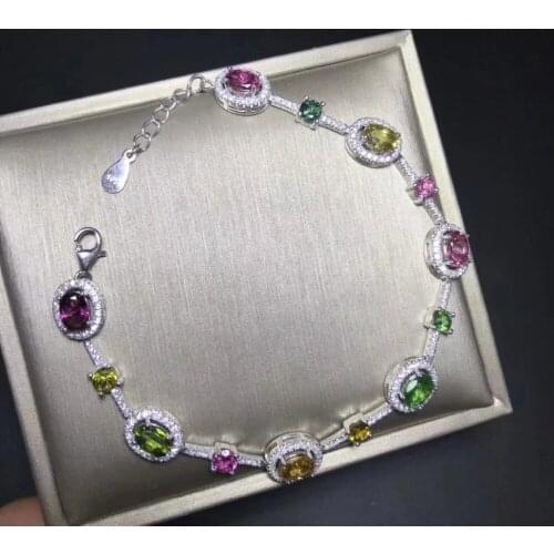 Natural Multicolor tourmaline Fashion round Bracelet Natural gemstone Bracelet S925 silver women girl party gift Jewelery