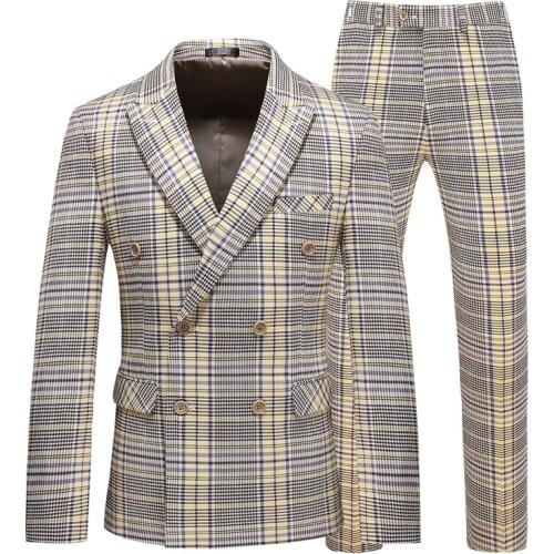 2021 New Brand Mens Suits Double Breasted Business Casual Plaid Suit Male Slim Three Piece Groom Wedding Suit for Best Men