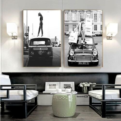 Vintage Posters Retro Style Black White Photo Vintage Street Art Canvas Painting Retro Art Car Vogue Girl Pictures Home Decor
