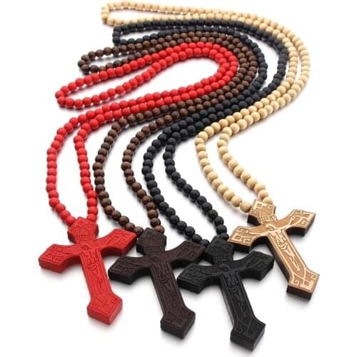Large Wood Beads Religious Jesus Cross Necklace Christian Crucifix Pendent Necklace for Men Women Handmade Jewelry