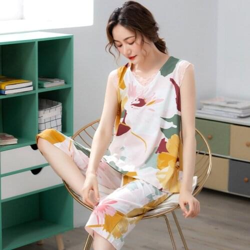 Pajamas Womens Summer Vest Sleeveless Modal Cotton Silk Summer Thin Tracksuit Middle-Aged Mom Two-Piece Suit