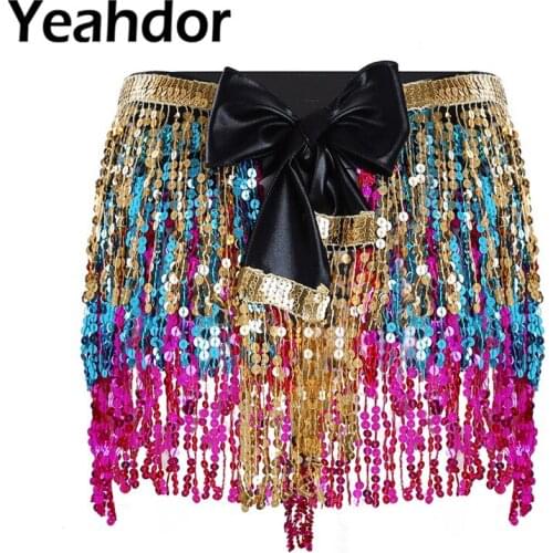 Women Belly Dance Hip Sequin Tassel Bohemian Scarf Skirt Performance Festival Clothing Boho Beach Belly Dancing Skirt Hip Scarf