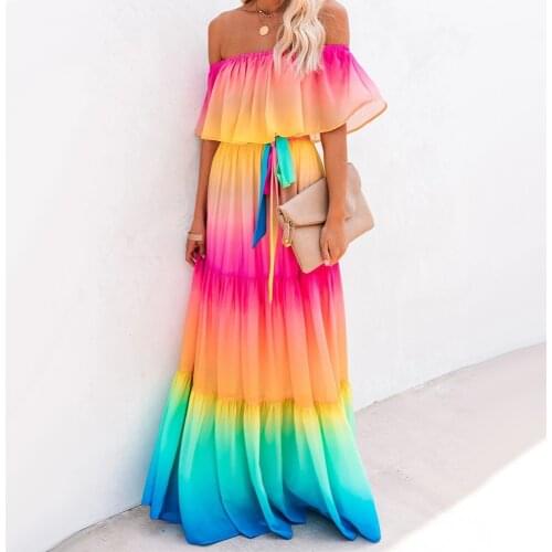 Off Shoulder Gradient Ombre Color Belt Ruffles Maxi Chiffon Dress V-F