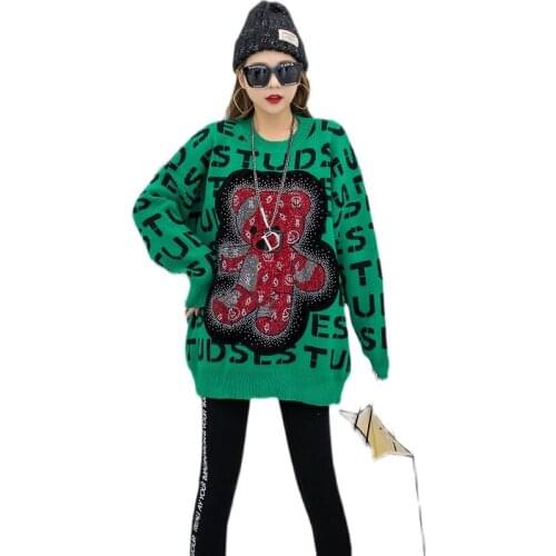 Женские свитера Women Bear Printed Sweater Street Style Women Patchwork Color Sweater Female Loose Oversized Sweater