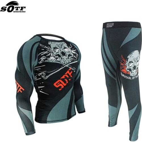 SUOTF Brand Training Compression Jersey & Pants Skull Rash guard Kick Boxing Tight Long T-Shirt Fitness Muay Thai