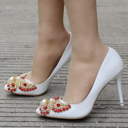 Thin High Heels Pumps Women Shoes women pumps wedding Party banquet PU Rhinestones Slip On 9.5CM Pointed Toe Shallow white