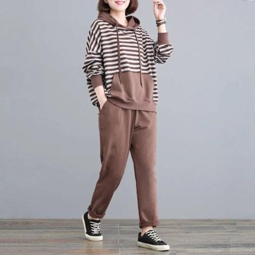 Spring Casual Loose Striped Hooded Sweatshirt And Harem Pants Tracksuit Plus Size 4XL Korean 2 Piece Sets Sweatsuit Women Outfit