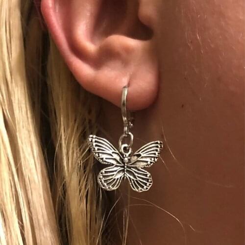 Vintage Butterfly Alloy Silver Color Hoop Earrings For Women Girl Trendy Punk Cool Hip Hop Animal Earrings fashion Jewelry
