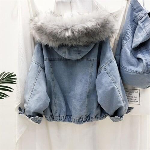 2019 New Autumn Big Size Women Add Velvet Denim Jackets Blue Jeans Jacket Slim Hooded Coats Lady Winter Clothings Feminino 1023
