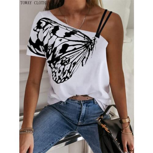 S-5XL Women Summer One Shoulder T Shirts Casual Butterfly Print Short Sleeve Female Tops Oversized Tunic Blusas