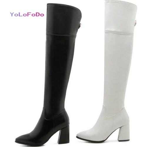 2021 Autumn Winter Women Over the Knee Boots Pointed Toe Square High Heel Ladies Thigh Boots PU Leather Side Zipper Womens Boot