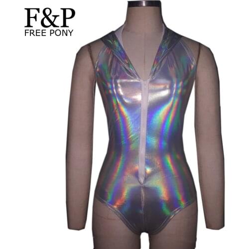 Holographic Summer Musical Festival Rave Wear Clothes Outfits Gear Silver Hoodies Bodysuit Hologram Women Jumpsuit
