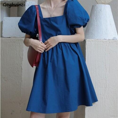 Short Puff Sleeve Dress Women Retro Solid Simple Elegant Trendy Ruffle Spliced Chic Korean Style Streetwear Womens Square Neck