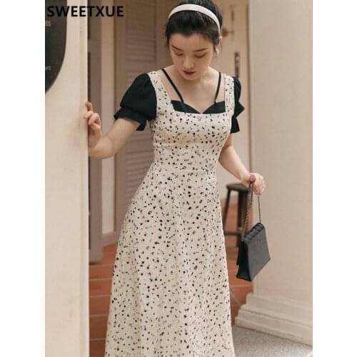 SWEETXUE Vintage Summer French Retro Square Collar Puff Sleeve Temperament Floral Patchwork Fashion Designer Dress Women’s