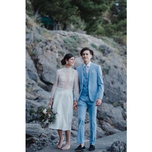 2017 Latest Coat Pant Designs Light Blue Wedding Suits for Men Slim Fit 3 Piece Tuxedo Custom Suit Groom Prom Blazer Masculino