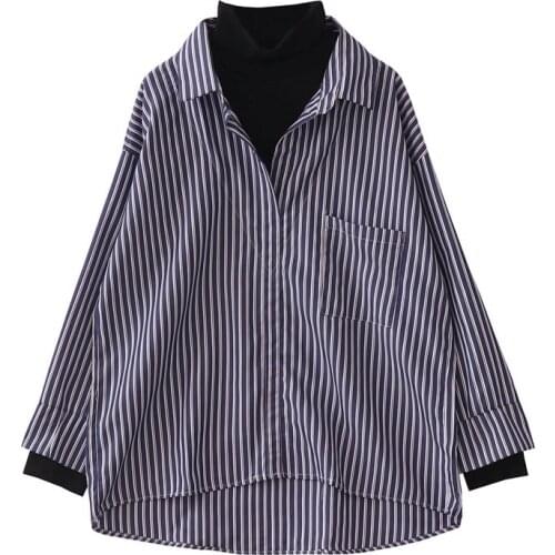 2021 Summer New Two Pieces Women Blouse Turtleneck Loose Striped Vintage Casual All Match Female Pulls Outwear Coat Tops