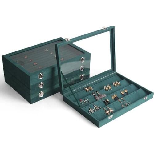 Velvet Gray Carrying Case with Glass Cover Jewelry Ring Display Box Tray Holder Storage Box Organizer Earrings Ring Bracelet