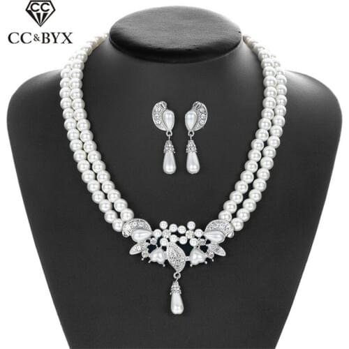CC Wedding Bridal Jewelry Sets for Women Necklaces Drop Earring Imitation Pearls Pendant Party Fashion Gift Necklaces Set D009