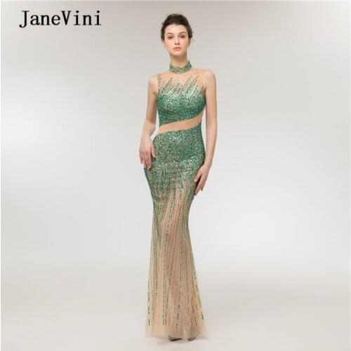 JaneVini New Design Arabic Dubai Luxury Beading Long Evening Dresses High Neck Sleeveless See Through Sexy Mermaid Formal Dress