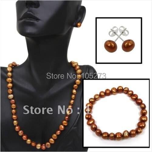 Amazing Pearl Jewelry Set 8-9MM S925 Sterling Silvers Chocolate Freshwater Pearl Necklace Bracelet Earring Set New Free Shipping