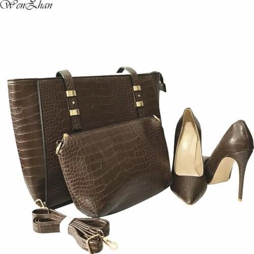 Brown Good Quality High Heels Pointed Toe Shoes And Women Handbags Set Elegant Pumps Women Shoes And Bags Set 36-43 WENZHAN