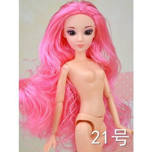 Kids Toy Gift 1/6 BJD Doll Head With Pink Wavy Hair 3D Real Eye + 12 Joints Naked BJD Doll Body For Dollhouse