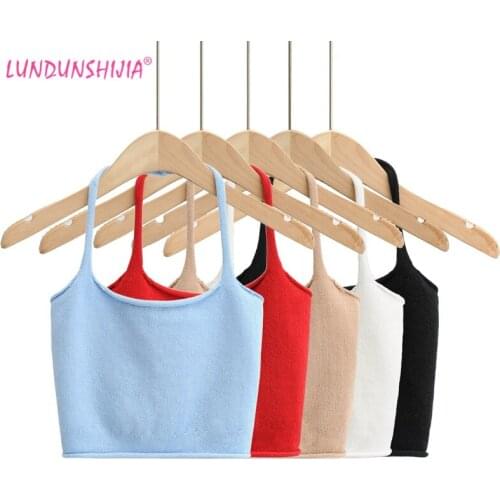 LUNDUNSHIJIA 2021 Summer Womens Crop Top Sexy Elastic Knitting Cotton Halter Camis Sleeveless Short Tops Bar