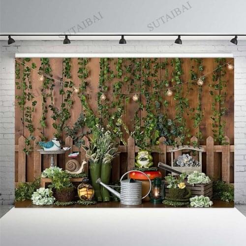 Garden Frog Kids Cake Smash Backdrop Spring Newborn Portrait Snails Birds Background Wood Wall Child Photocall Props