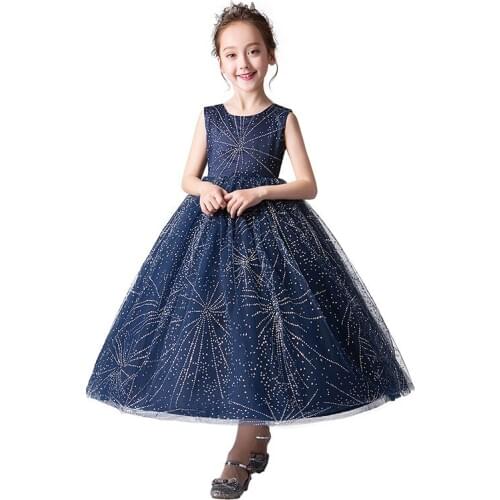 New Girls Dresses Kids Red Beading Long Tulle Birthday Party Wedding Dress Christmas Girls Clothing Ball Gown