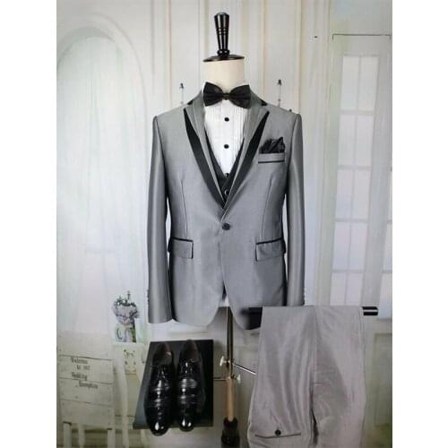 Newest design Grey One Button Satin Trim Peak Lapel Slim Fit Suit Fashion Formal Dress Men (Jacket+Pants+Vest) wedding suits
