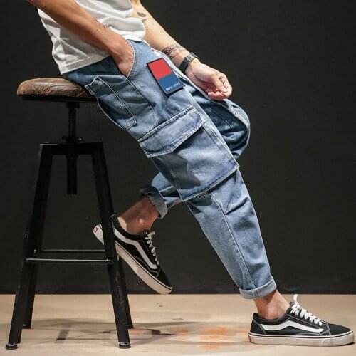 Autumn Pocket Streetwear Denim Pants 2020 Mens Patchwork Cargo Jeans Male Baggy Vintage Trousers