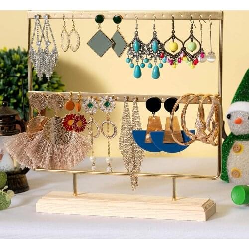Earring Holder 2-Tier Jewelry Display 40 Holes Stand Rack with Wooden Organizer Ear Stud H