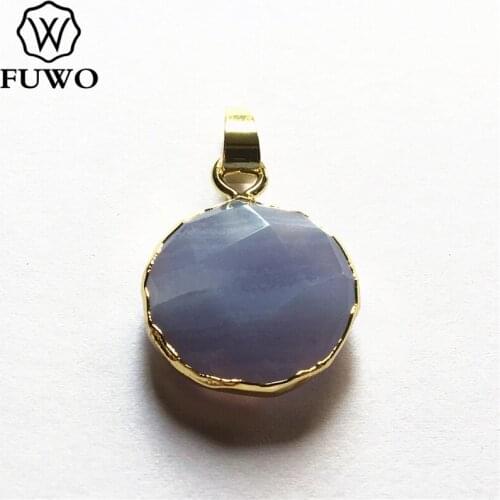 FUWO Natural Bule Onyx Pendant With Gold Trimmed Edge Round Carved Quartz Stone Pendant For Necklace Making PD255