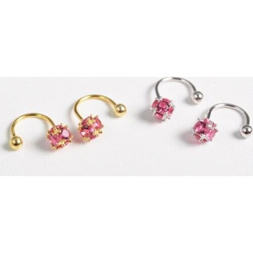 S925 Sterling Silver Earring Fashion Red White Zircon Hook Half Circle Screw Ear Ring Ear Buckle Ear Bone Nails Wild Female Jewe