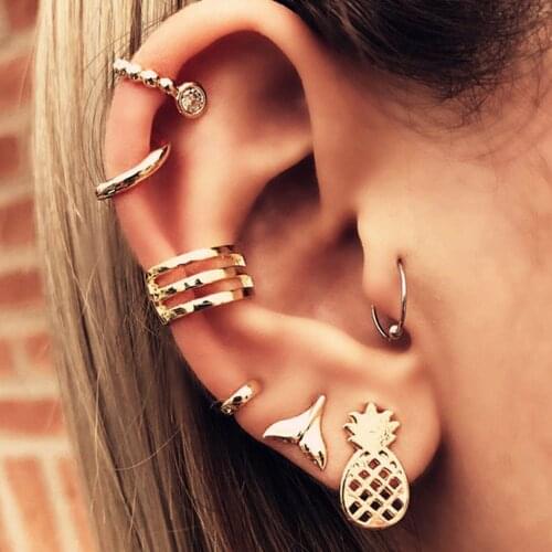 7pcs/Set 2020 Fashion Gold Color Ear Cuffs Pineapple Clip Earrings For Women Climbers No Piercing Fake Cartilage Earring Jewelry