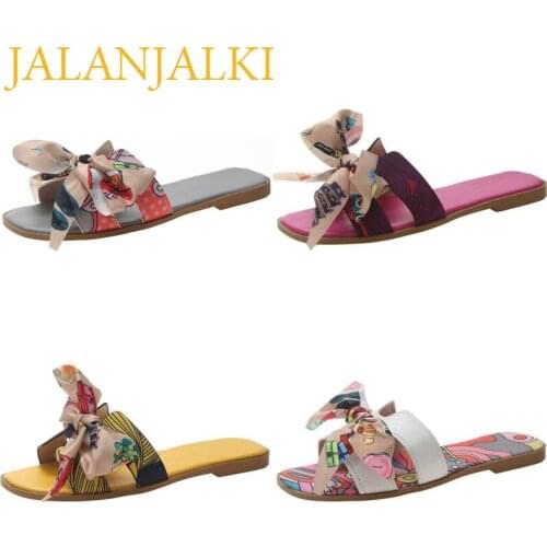 JALANJALKI Fashion Slides Summer Women Slippers Butterfly-knot Flat Sole Women Shoes Outdoor Street Style Lovely Femal Sandals