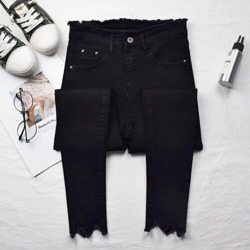 Spring autumn 2020 high-waisted femme jeans Korean students stretch sknniy raw edge tight-fitting ankle length pencil trousers