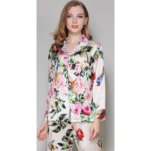 100% Pure Silk Pajama Sets Women Elegance Floral Long Sleeve Noble Pyjamas Mujer Natural Silk Sleepwear For Lady Sexy M L XL