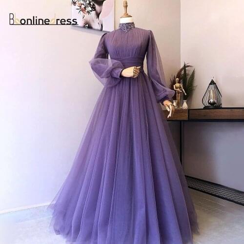 Lavender Prom Dresses Moroccan Caftan Applique Formal Party Gown Arabic Dubai Muslim Long Sleeves Women Evening Dress Vestidos
