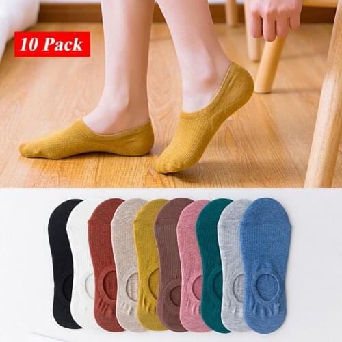 10 Pairs/lot No Show Cotton Socks Women Black White Pink Red Khaki 10 Solid Colors Casual Invisible Sock Anti Slip Silicone Heel