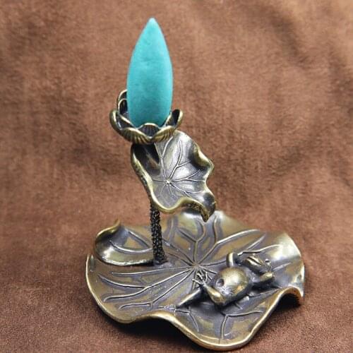 Antique Brass Lotus Leaf Frog Backflow Incense Burner Decorations Solid Pure Copper Lotus Pond Censer Holder Ornaments Tea Pets