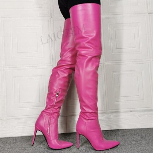 BERZIMER Fuchsia Women Thigh High Boots Faux Leather Slim High Heels Over Knee High Boots Side Zip Shoes Woman Big Size 43 44 47